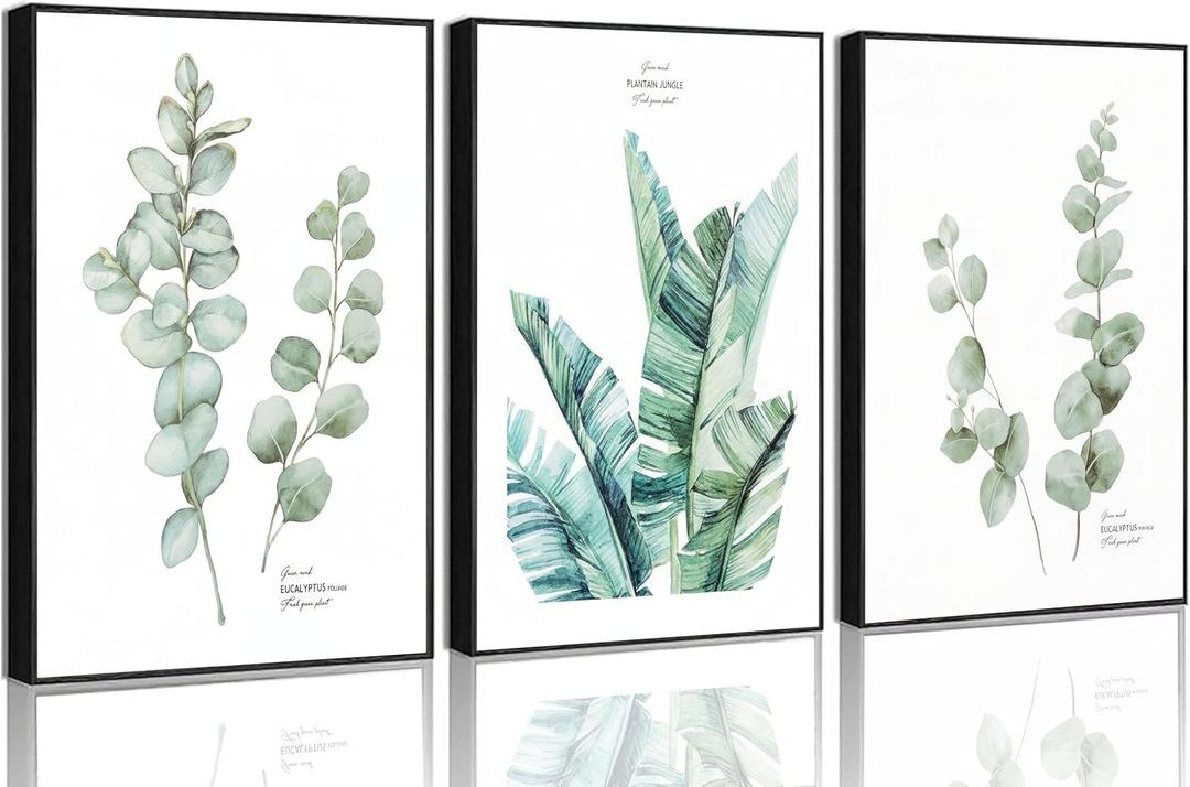3Pcs Sage Green Botanical Canvas Wall Art Minimalist Green Eucalyptus Leaf Plantain Jungle Painting Picture Wall Decor Posters Prints Artwork For Living Room Bedroom Office Kitchen Home Decor Unframed, 16"x24"