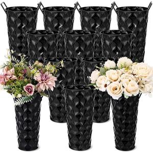 12 Pcs Black Metal Flower Vases 9 Inch Galvanized Flower Bucket Spring Farmhouse French Bucket with Handles, Floral Vases for Centerpiece Bar Wedding Bouquet Table Decor Supplies