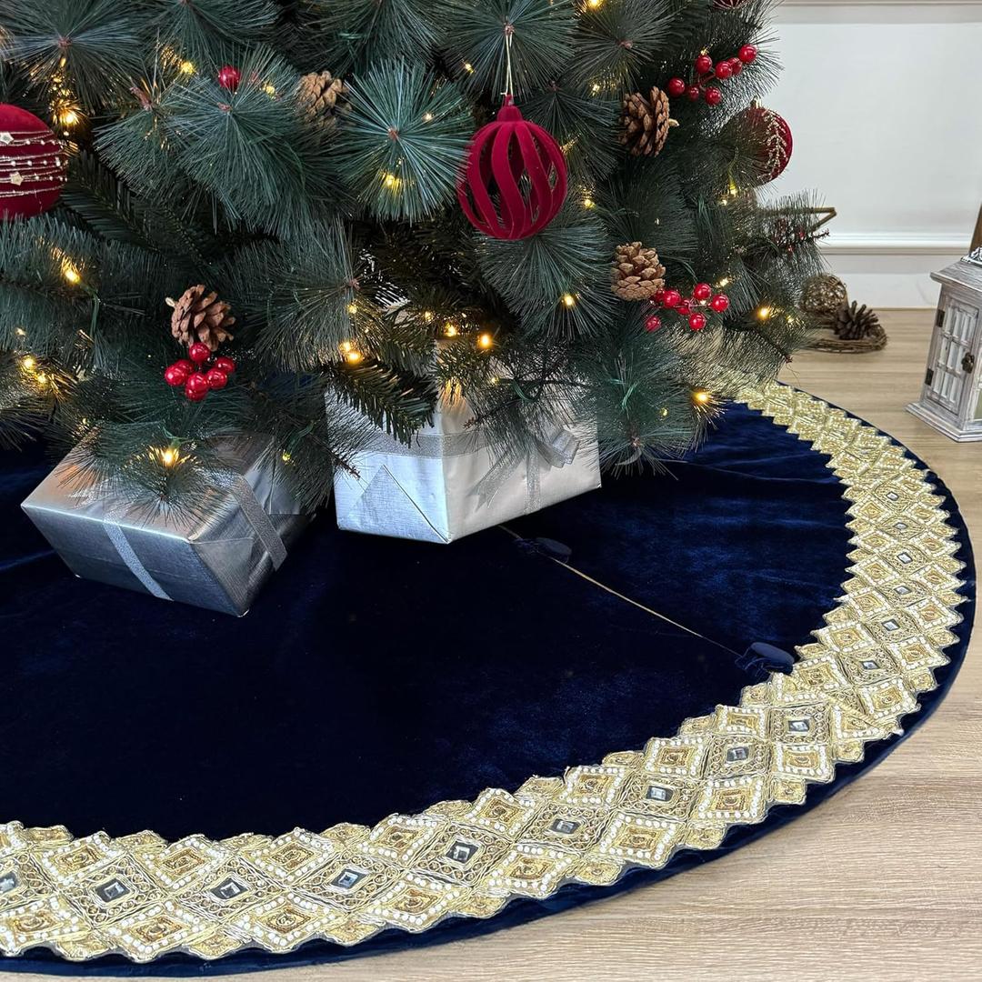 72-Inch Venetian Gilded Christmas Tree Skirt in Velvet with Gold Jeweled Band, Royal Blue