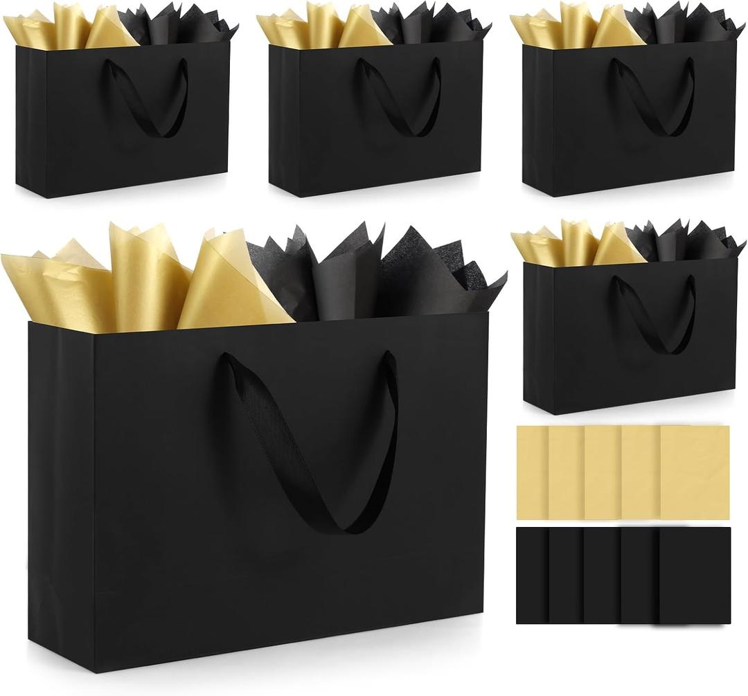 Epoesch 5 Pack Black Medium Gift Bags with Handles and Tissue Paper, 12.6x8.7x4 Inch Paper Bags Bulk for Men, Women, Birthdays Party, Shopping, Weddings, Valentine's Day, Easter, Anniversaries (Black medium-5Pcs)