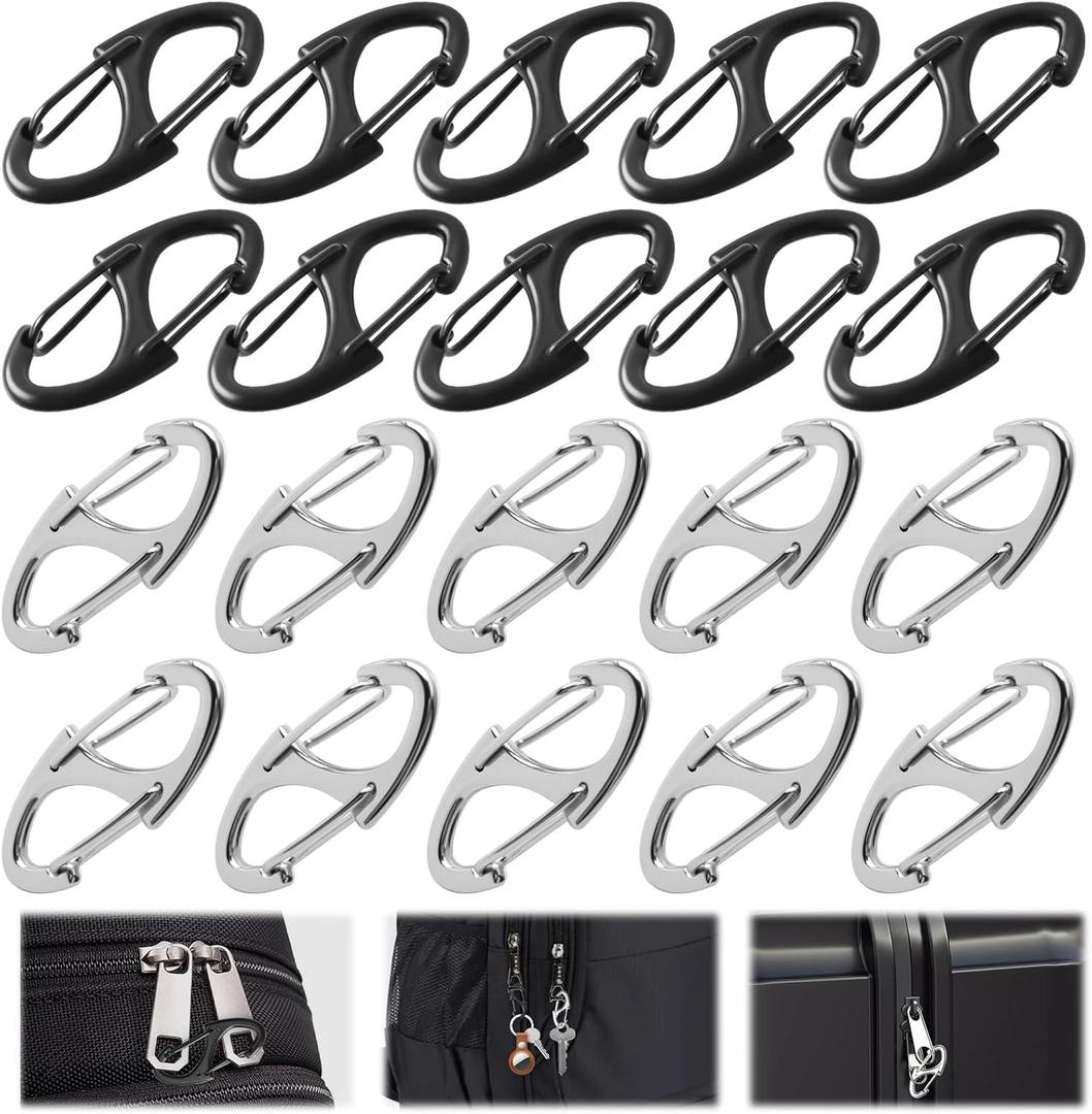 2 x MILAKE 20 Pcs Zipper Clips Anti Theft Security Locks with Dual-Opening S Carabiner, Zipper Locks Replacement for Backpacks, Luggage, and Keys, Portable S Clips Zinc Alloy Connectors (Black, 20 PCS)