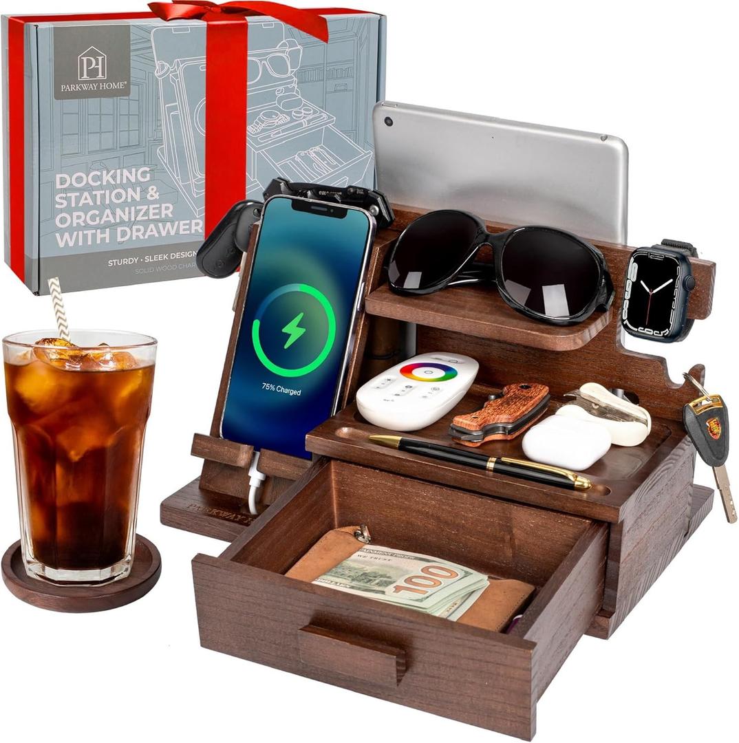 Wood Phone Docking Station with Drawer, Compatible with Apple Watch - Wood Charging Station Organizer Stand, Bedside Nightstand Organizer for Men, Holds Phone, Tablet, Keys, Glasses, EDC (Brown)