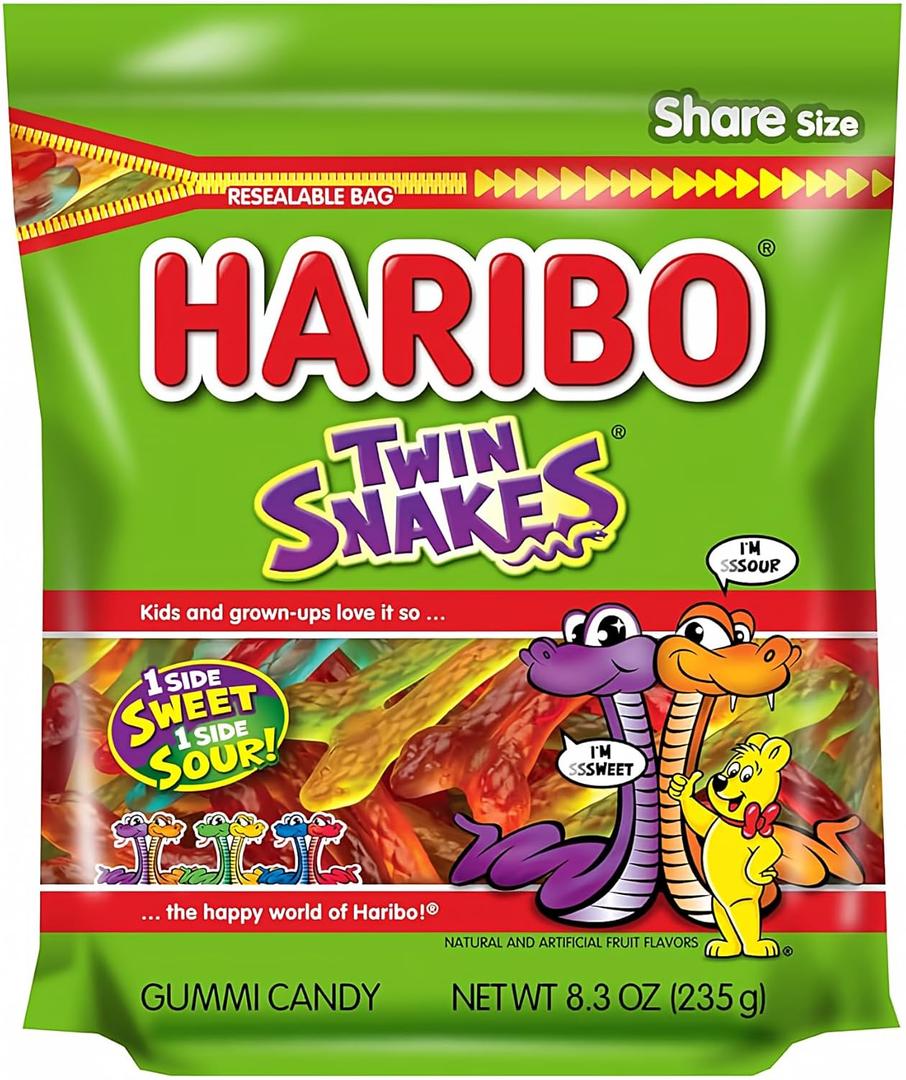 HARIBO Gummi Candy, Twin Snakes Sweet & Sour Gummy Candy, 8.3 Ounce Resealable Share Size Stand Up Bag, Soft & Chewy Snacks, Assorted Fruity Flavors, No BB Date
