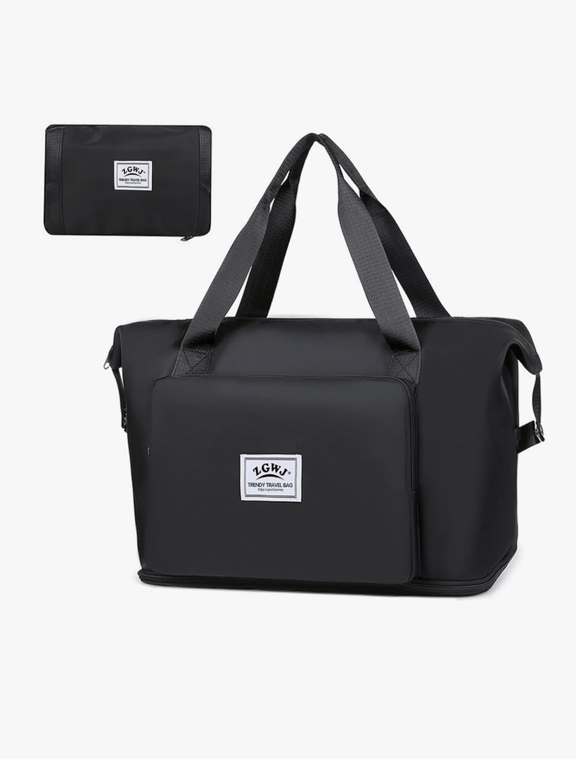 Expandable Travel Duffel Tote Bag - Foldable Overnight Weekender, Carry-On, Swim & Gym Bag - Fits Spirit Airlines Personal Item Size - Lightweight, Waterproof & Durable with Trolley Sleeve,Black