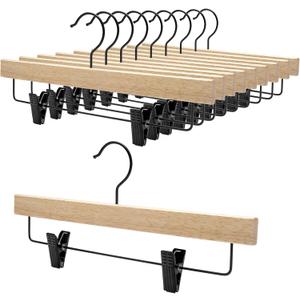Nature Smile Deluxe Wooden Pants Hangers,Solid Rubber Wood Jeans Skirt Hanger with Black Adjustable Clips and Rotatable Hook Pack of 10 (Natural Varnished)