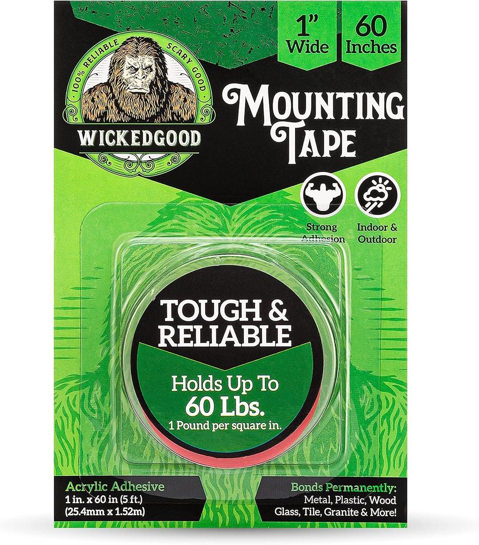 2 x WickedGood Mounting Tape (1" x 60"), Double Sided Adhesive Tape, Heavy Duty Indoor & Outdoor Tape, Waterproof (Clear) (WGA-PET-1X60)