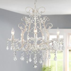 WUZUPS 5-Light Crystal Candle Chandelier Pendant Ceiling Light Modern Lighting Fixture for Bedroom Hallway Bar Kitchen Bathroom, H 23.2" W 20.7", E12 Base, Rustic White