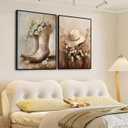 2pcs Vintage Western Cowgirl Canvas Wall Art daisy Cowgirl Boots & Hats Posters Rustic Farmhouse Pictures Trendy Preppy Dorm Room Wall Decor Western Floral Painting Country Style Prints (Unframe) 12x16in and 16x24in
