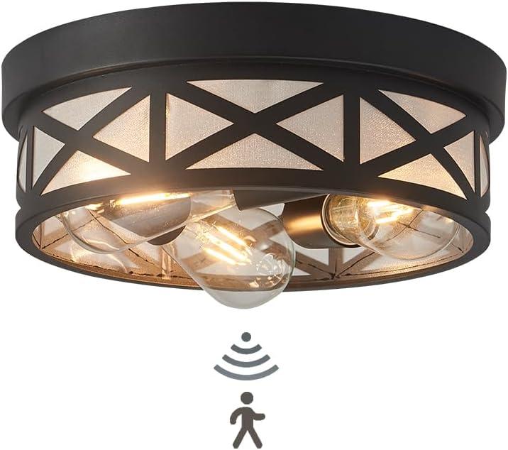 Adjustable Motion Sensor Flush Mount Ceiling Lights,3-Light Outdoor Ceiling Light Fixture for Entryway,Hallway,Porch,Patio,Storage Room and Garage,12 inch Round Matte Black Metal Modern Ceiling Lamp