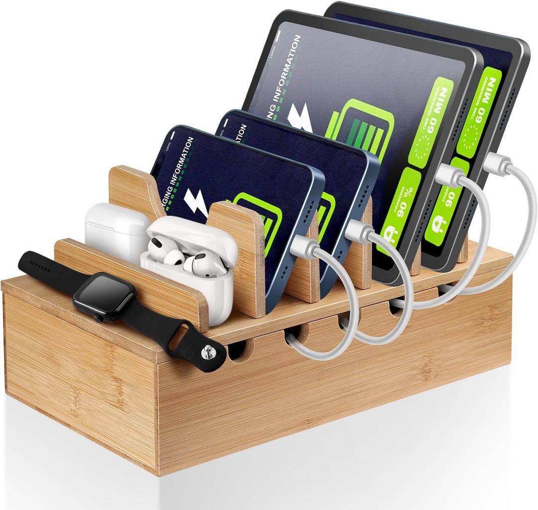 Bamboo Charging Station for Multiple Devices, Cell Phone Docking Charging Station Organizer, Nightstand Bedside Desk Device Charger Organizer for Laptop, Tablets and iPads
