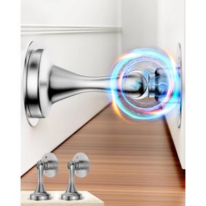 Door Stoppers Magnetic Door Catch - 2 Pack Stainless Steel Heavy Duty Door Holder Stops for Bottom Top of Door - Wall Floor Mounting No Drill Strong Adhesive & Screws Strong Magnet Keep Door Open (Silver)