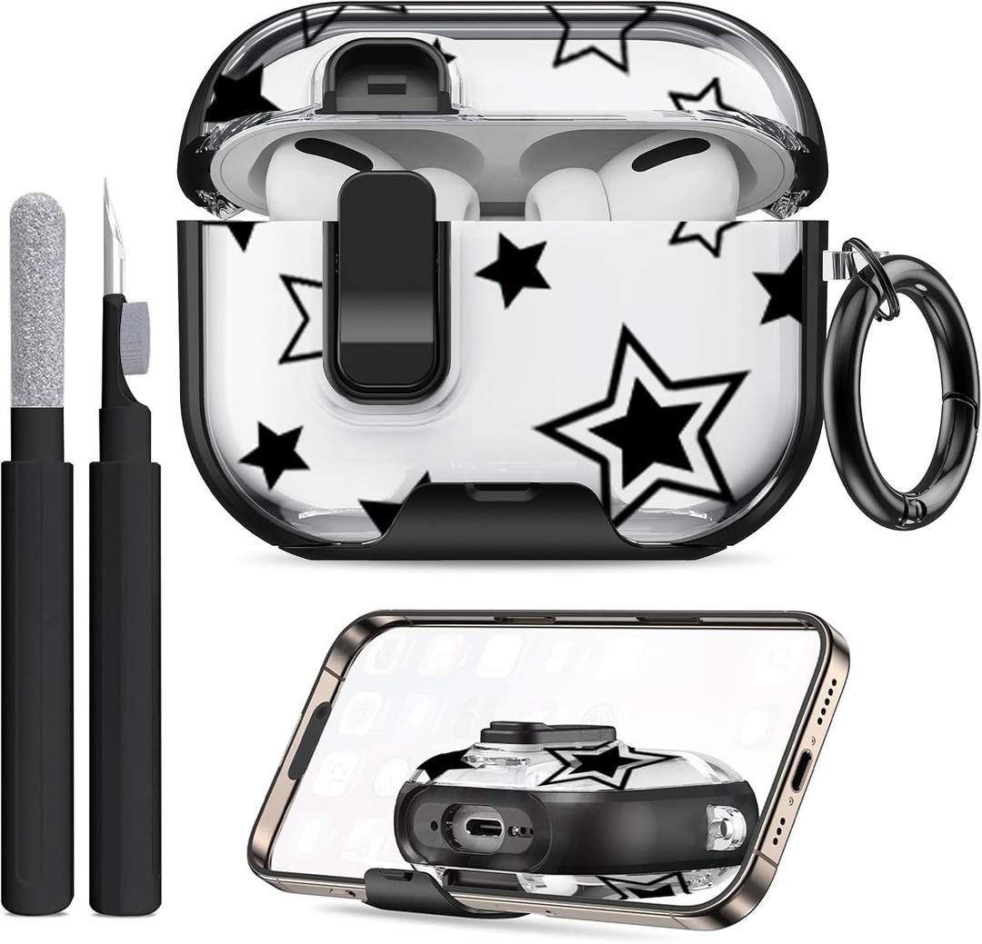 Compatible Airpods Pro 3 Case (2025) with Phone Stand & Cleaner Kit,Cute Soft Silicone Lock Clip Apple AirPods Pro 3rd Generation Case, Airpod Pro 3 Cover with Keychain for Women/Girls