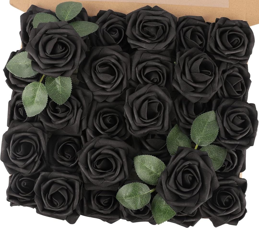 MACTING Artificial Black Rose Flowers 30PCS Real Touch Fake Flowers with Stem Foam Roses for DIY Wedding Bouquet Gifts Table Centerpieces Party Bridal Shower Home Spring Valentines Day Decorations