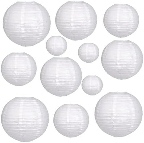 12Pcs White Paper Lanterns - Chinese Japanese Round Hanging Lamp for Wedding, Bridal, Outdoor, Garden, Home, Party Decorations (Size of 6", 8", 10", 12")