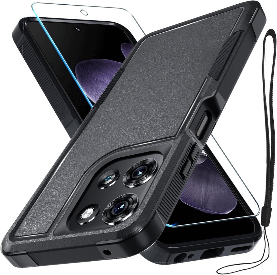 for Moto G 5G 2025 Case, Full Body Heavy Duty Rugged Shockproof Protective Phone Cover with Lanyard Strap, Tempered Glass Screen Protector, Black Matte