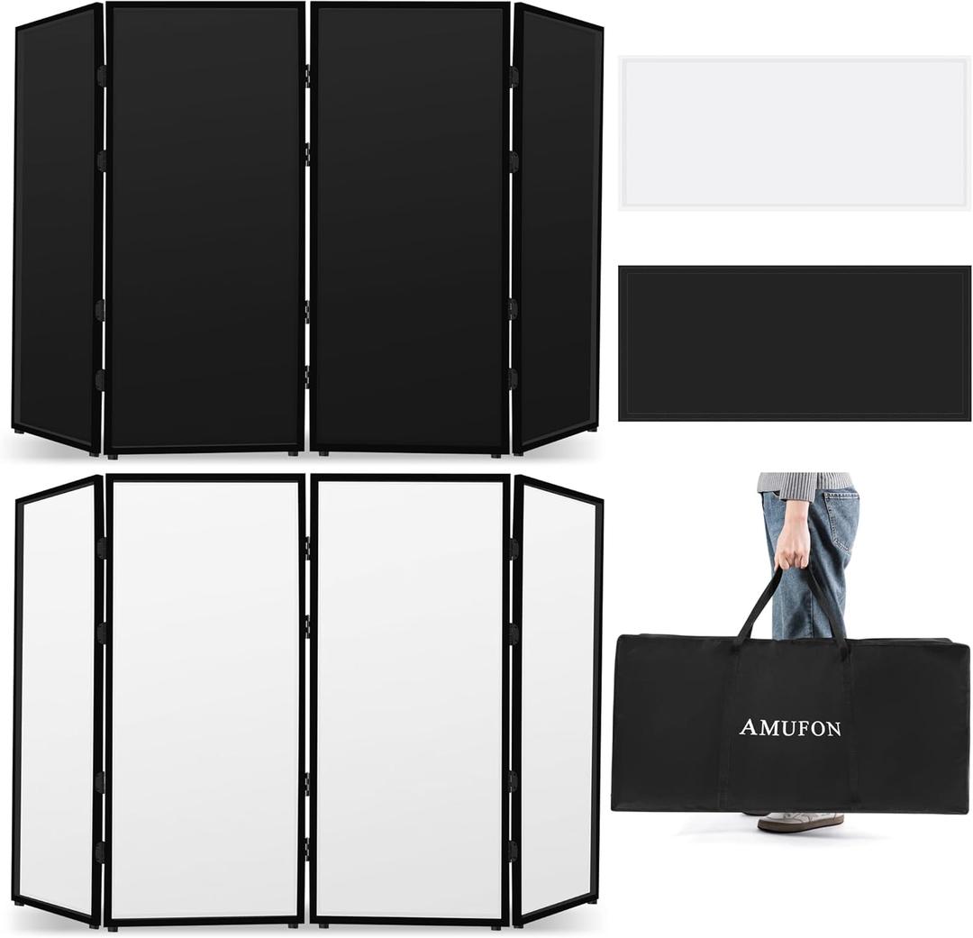 DJ Facade Booth, DJ Stand Portable Event Cover Screen with Foldable 4 Detachable Metal Frame Light Projector Display Scrim Panel Stand with Carry Bag for Party,Show,Gathering(White and Black)