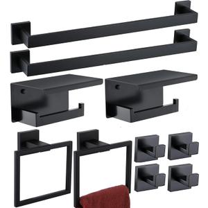 TAUN Bathroom Towel Bar Set 10 Pieces Matte Black Square Modern Bathroom Hardware Set SUS304 Bathroom Accessories Set Towel Rack Set for Bathroom Wall Mounted (Matte Black, 24 Inch), 10P-PHVC
