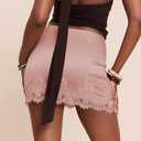 Women's Lace Trim Satin Mini Skirt Low Waisted Zip Back Half Silk Slip Bodycon Short Skirts with Lining (Pink, L)