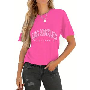 OYOANGLE Women's Letter Graphic Half Sleeve Tshirts Crew Neck Summer Casual Tee Shirts Hot Pink Small