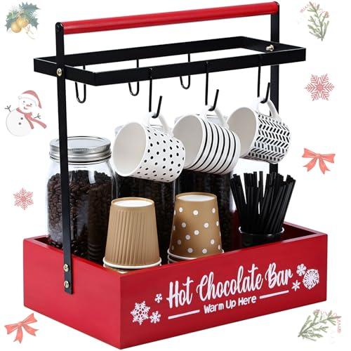 Threehoney Christmas Hot Cocoa Bar Coffee Station Organizer Decorative Wood Storage Box Coffee Mug Holder with 6 Hooks Organizer Pod Holder for Countertop Decorative Xmas Storage Bins Bar Accessories