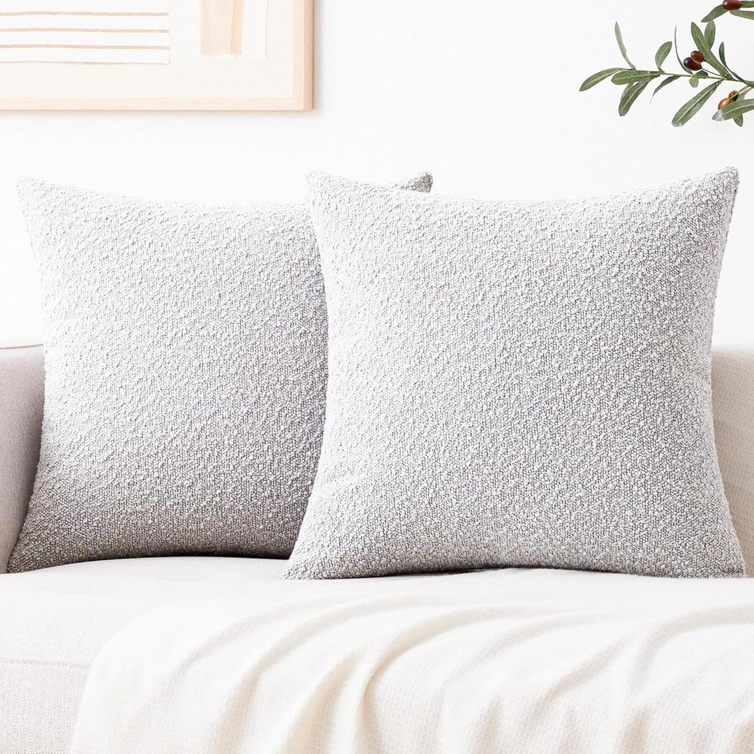 Mixhug Decorative Boucle Throw Pillow Covers, Light Gray, 18 x 18 Inches, Pack of 2 - Textured Boho Pillow Covers for Couch and Bed