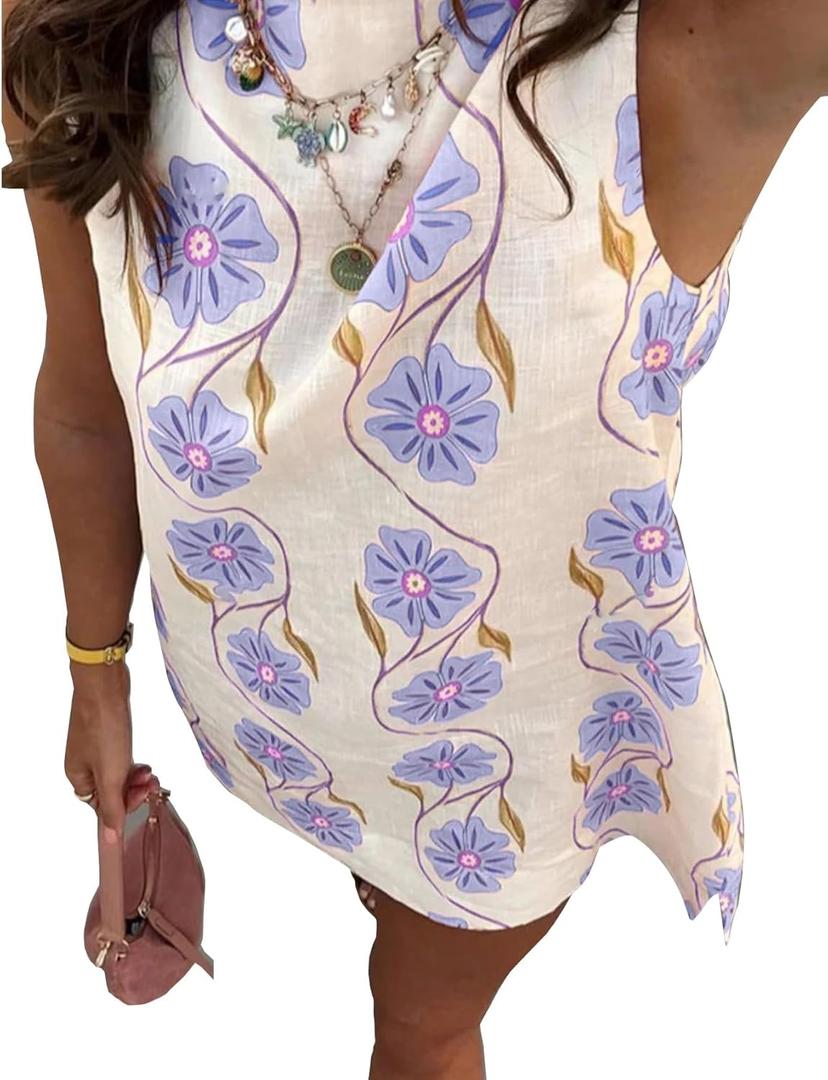 Womens Summer Floral Print Mini Dress Romantic Sleeveless Shift Short Dress Vacation Fairy Dresses (X-Small, Purple)