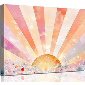 Framed Boho Sun Canvas Wall Art Picture Bohemian Sunset Sunrise Sunshine Rainbow Poster Print Aesthetic Floral Pink and Orange Abstract Painting Wall Decor for Bedroom Dorm 12x16in
