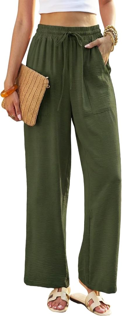 Women's Linen Wide Leg Pants Green, Beach Cover Up Palazzo Pant, High Waisted Casual Pant for Travel Teacher (XL)