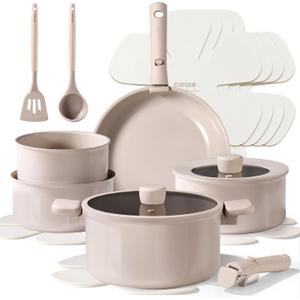 CAROTE 15pcs Ceramic Cookware Set, Pots and Pans Set Non Stick, Induction Kitchen Casserole Sets, Non Stick RV Set with Detachable Handle, Dishwasher/Oven Safe, Taupe (Brown)