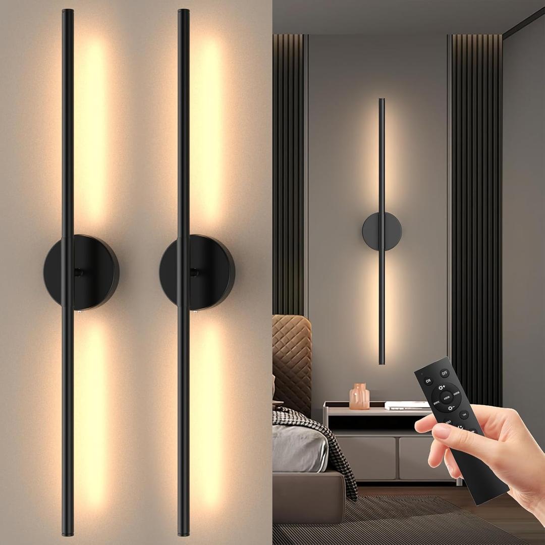 Tartek Battery Operated Wall Sconces Set of Two, Rechargeable Wall Lights with Remote Control, Dimmable 3000K-6000K LED Wall Lamp, 360Rotate, Long Wireless Sconces for Living Room, Bedroom