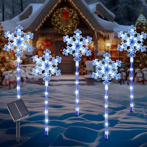 Solar Christmas Snowflake Pathway Lights, Set of 5 Outdoor Garden Lights Decorations, Waterproof Stake Decorative Light for Yard Lawn Porch Walkway Decor (Blue, 5 Pack)