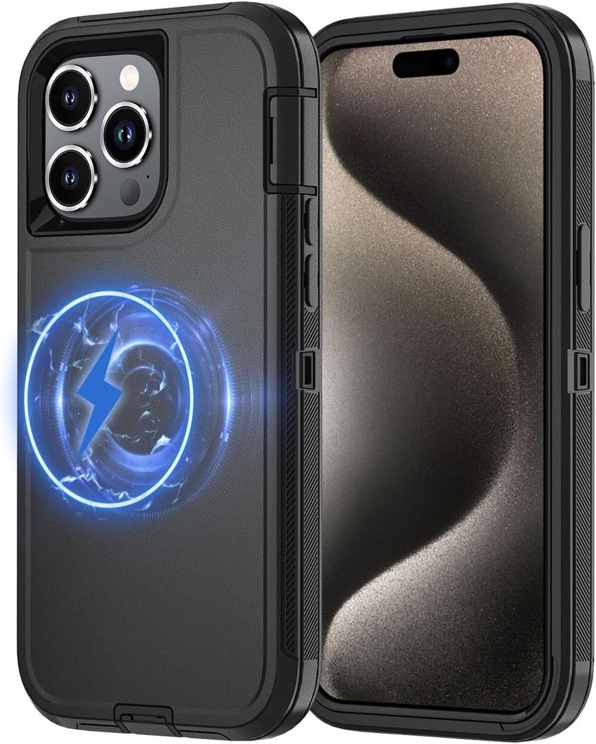 2 x for iPhone 15 Pro Case [Compatible with MagSafe], Heavy Duty Shockproof 3-Layer Full-Body Protection Rugged Cover, Drop-Resistant and Wireless Charging Friendly (Black, iPhone 15 Pro)