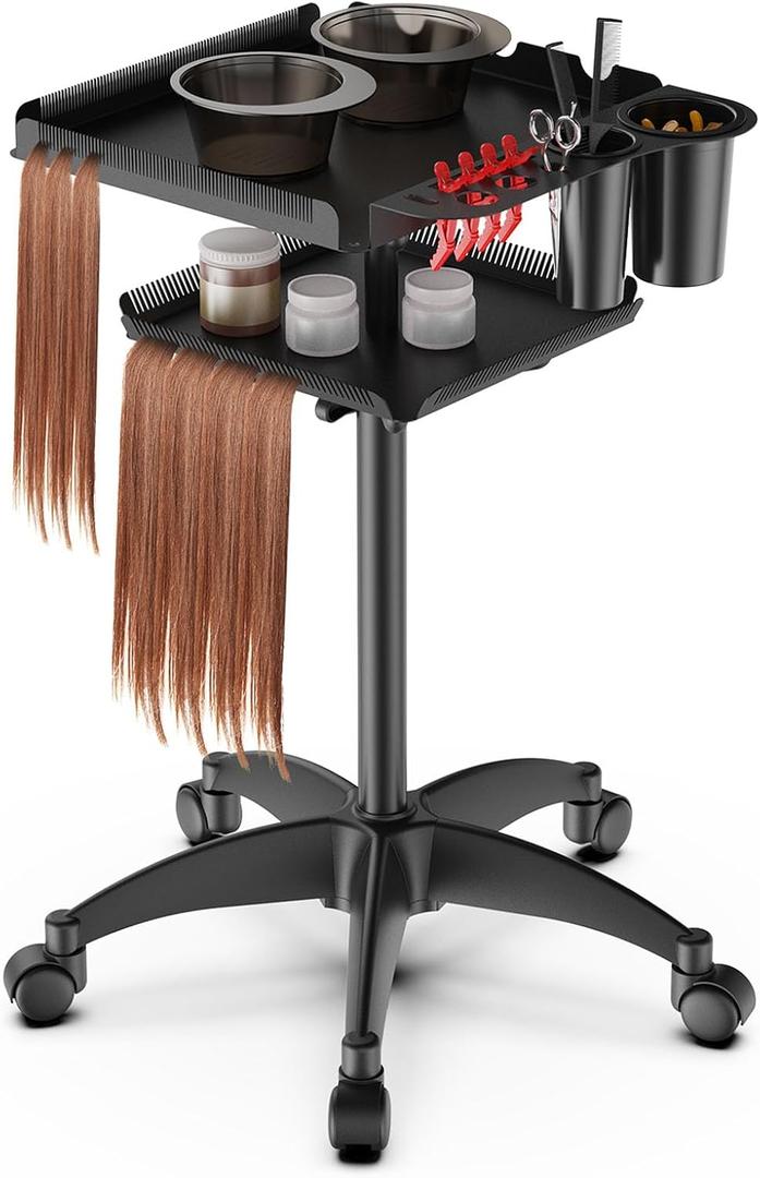 Rolling Salon Tray on Wheels with Braiding Hair Platform, Metal Salons Tray Cart with 2 Magnetic Bowls, Hairstylist Tray for Salon Station, Height Adjustable Salons Trolley Cart for Salon&Spa Use
