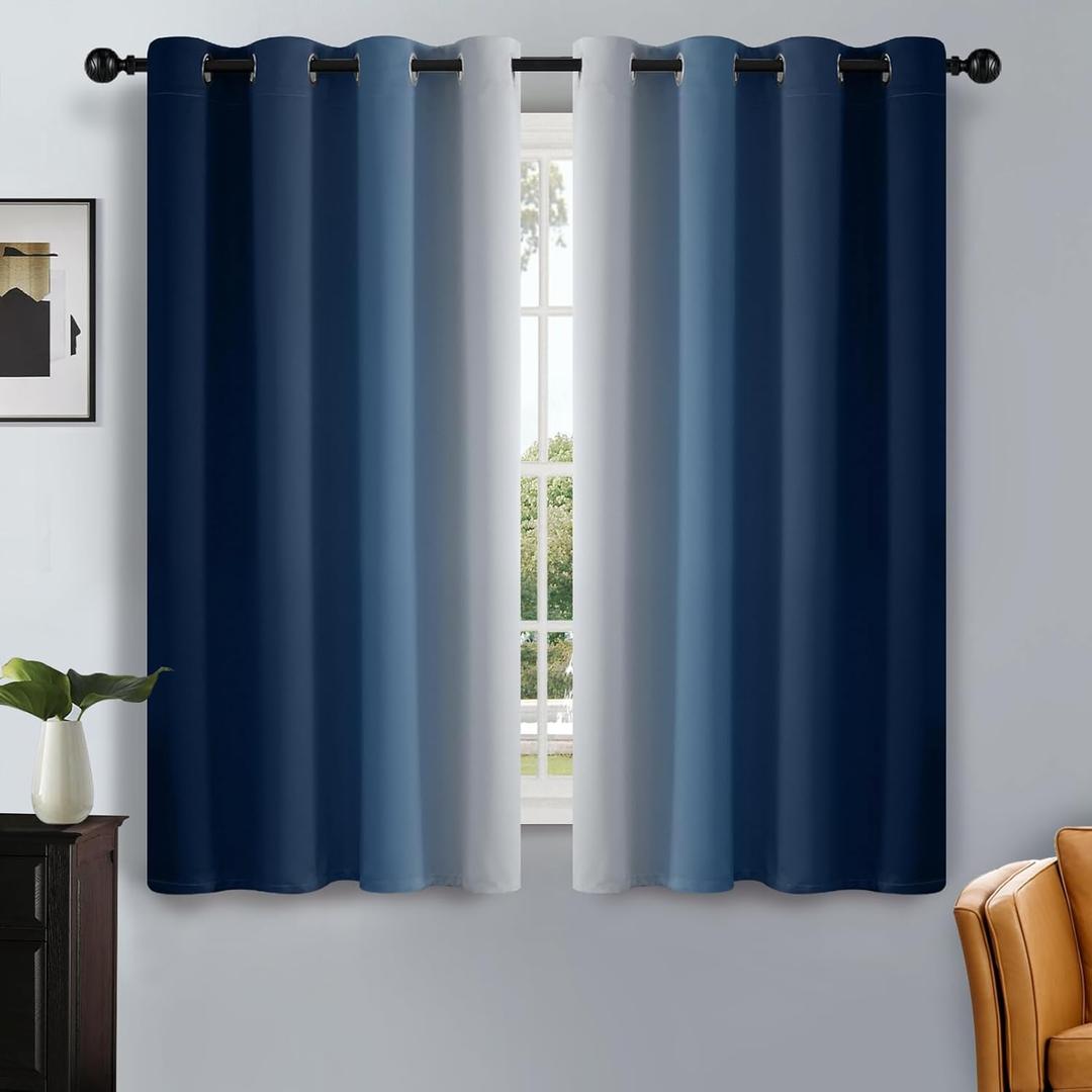 SimpleHome Ombre Room Darkening Curtains for Bedroom, Gradient Blue to Grey White Light Blocking Thermal Insulated Grommet Window Curtain/Drapes for Living Room,2 Panels, 52x54 inches Length