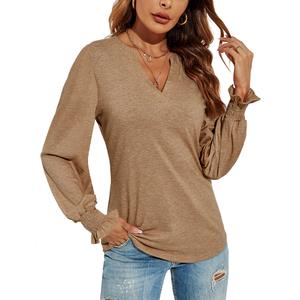 Romanstii Women's Classic-Fit Long Sleeve V-Neck T-Shirt,Brown,S (Brown, S)