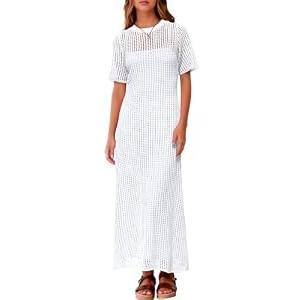 Fisoew Womens Crochet Swimsuit Cover Up Summer Vacation Resort Bathing Suit Swimwear Casual Short Sleeve Maxi Beach Dresses White Large