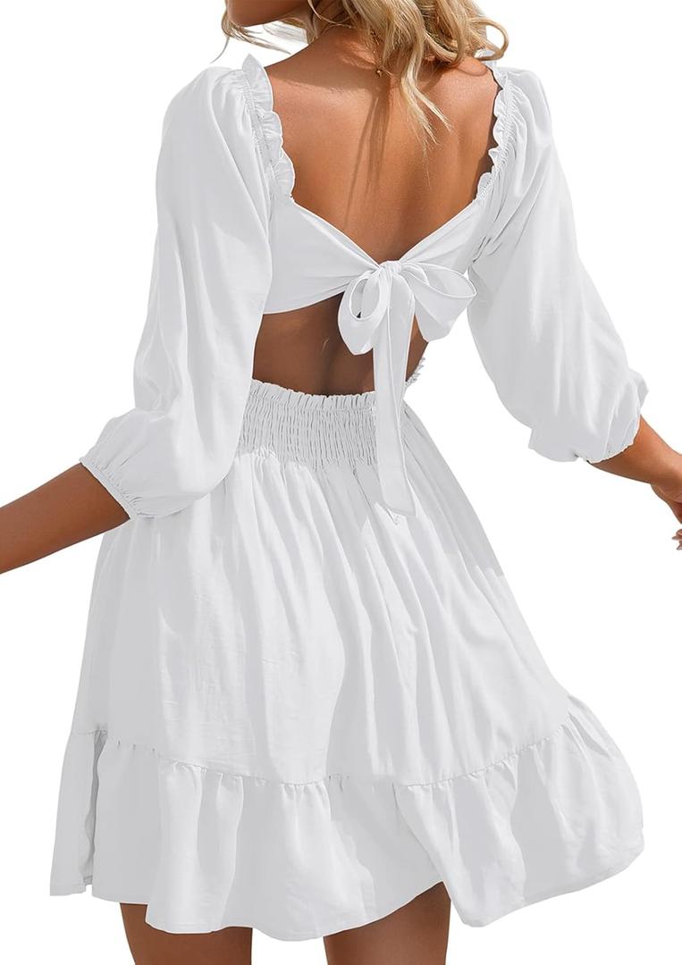 Phortric Womens Summer Tie Back Dress Square Neck Lantern Sleeve Off Shoulder A-Line Casual Mini Dresses (Medium)
