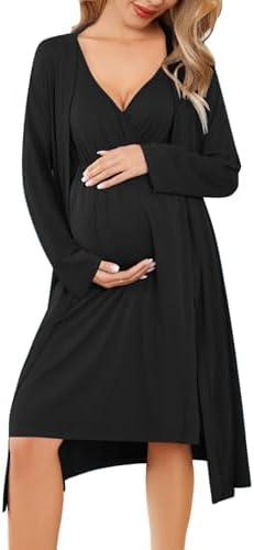 Ekouaer Maternity Nursing Gown and Robe Set Labor Delivery Nursing Nightgowns for Breastfeeding Pregnancy Clothes S, Black