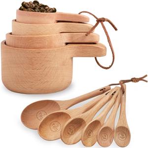 10 Piece Measuring Cups and Measuring Spoons Set, Handcrafted Wood Measuring Cups with Tablespoon Teaspoon Measuring spoons for Dry Ingredients, Natural Wooden Measuring Set for Cooking Baking