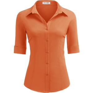 HOTOUCH Women's Basic Button Down Shirts 3/4 Sleeve Stretch Button Up Dress Shirt Slim Fit Waitress Work Shirts (Medium, Orange)