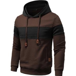 Mens Sweatshirts Long Sleeve Pullover Patchwork Plaid Jacquard Hoodie Casual Drawstring Hoody Top (Large, Brown Black)