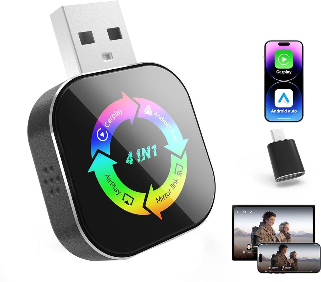 Wireless Carplay Adapter, 4 in 1 Screen Mirroring Support Mirror Link/AirPlay for Apple CarPlay & Android Auto