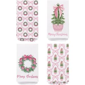 Chinoiserie Christmas Kitchen Towels, Pink Bow Coquette Christmas Tree Dish Towels for Kitchen Bathroom, Pink Christmas Hand Towels for Bathroom Kitchen, Grandmillennial Decor,Set of 4,16x24 Inches