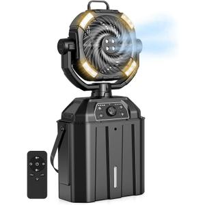 Misting Fan Portable 6L Bucket 20000mAh Rechargeable Camping Fan with LED Light Remote & Hook Floor Battery Powered Cooling Outdoor Fans for Patios Camping, 4 Spray Mister, Black