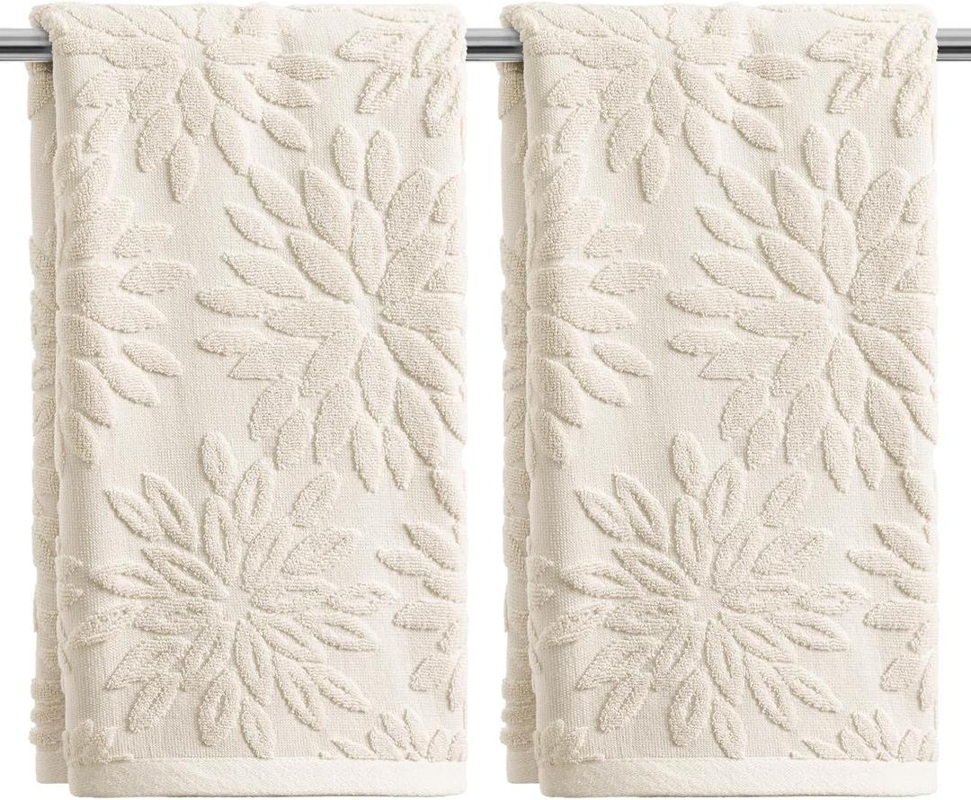 Artoid Mode 2 Pcs Beige 3D Dahlia Floral Jacquard Hand Towels for Bathroom, 100% Cotton Soft Absorbent Bathroom Decor Towels, 13.7 x 29.5 Inch