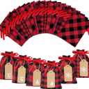 Korlon Small Christmas Gift Bags, 24 Pack Buffalo Plaid Christmas Drawstring Gifts Bags, Reusable Cotton Santa's Red and Black Xmas Holiday Cloth Gift Bag for Candy, Xmas Party, 7.68 x 5.9 Inch