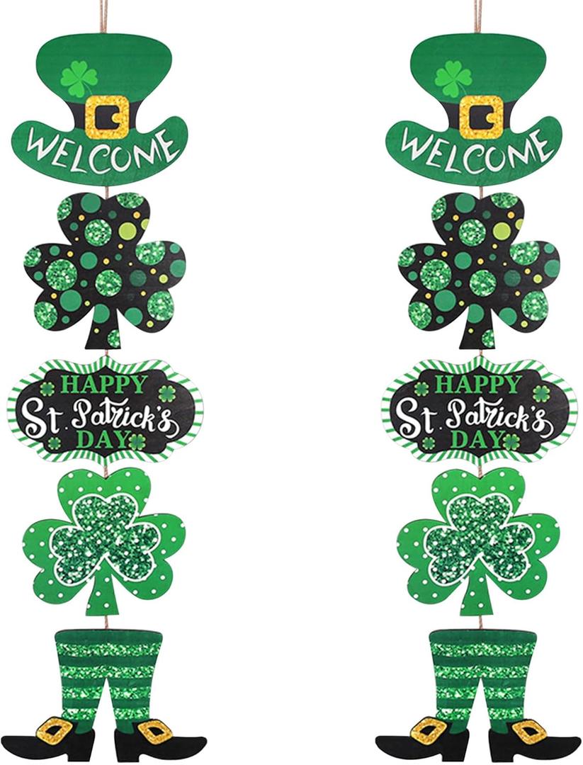 2 Piece St. Patrick's Day Wooden Door Hanging Sign, Shamrock Leprechaun Door Decor Happy St. Patrick's Day Wooden Welcome Sign for Front Door Porch Indoor Outdoor Irish Spring Decorations