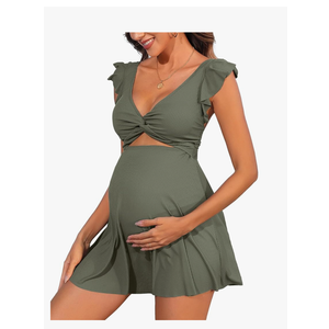 Charmo Ruffle Ribbed Maternity Swimsuit One Piece Cutout Pregnancy Bathing Suits Push Up Twisted Swimwear Swim Dress, L, Light Green