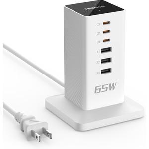 Charging Station for Multiple Devices 65W, TESSAN Charger Block with 3 USB-A and 3 USB C Ports, Desktop Charging Hub for iphone15/16, MacBook, Earphone, Home Office Accessories (White)