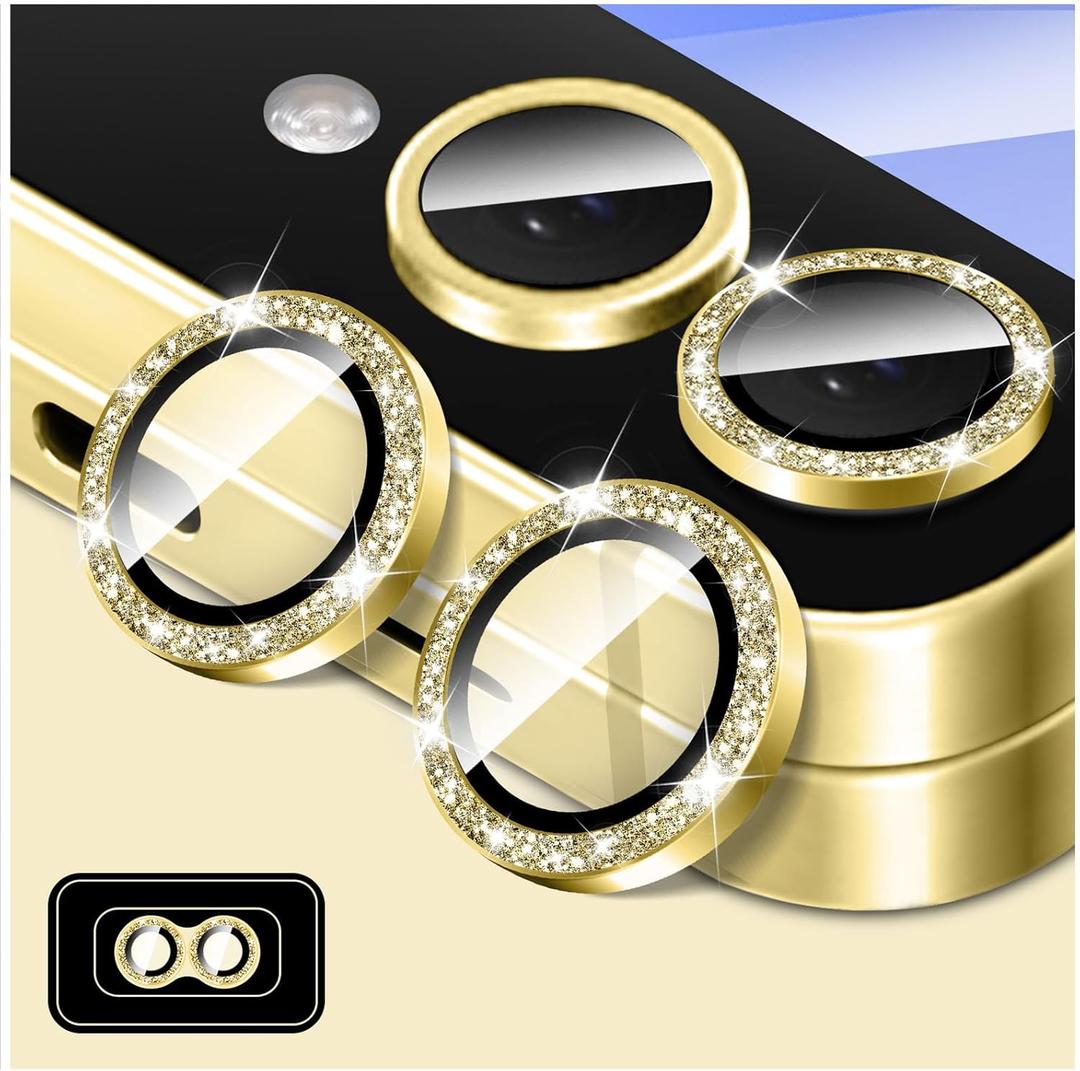 LucBuy Bling Camera Lens Protector for Samsung Galaxy Z Flip 4, Tempered Glass Camera Cover Film Stickers, Glitter Automatic-Alignment Individual Metal Ring Screen Protector (Gold)